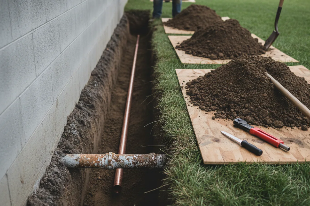 Excavated water line trench during Sewer Line Repair in Bushland